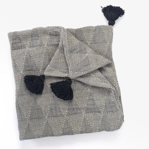 Gray woven scarf with cream dotted pattern and dark navy tassels at each end laid flat on a white background