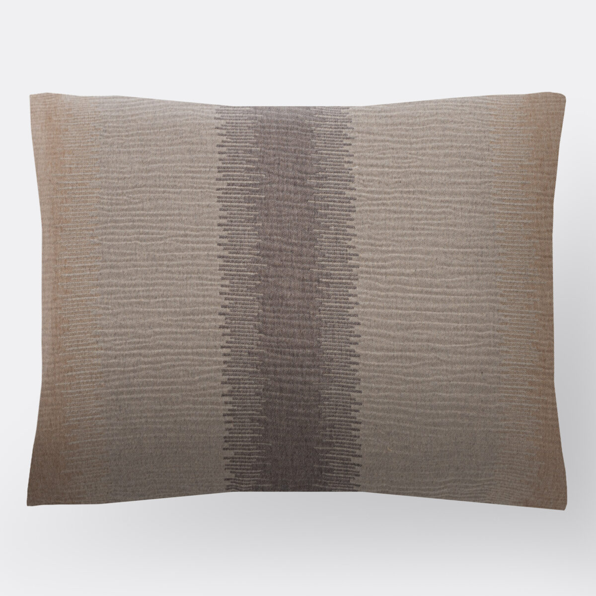 Close up of a textured beige brown woven fabric with a subtle striped pattern on a light background