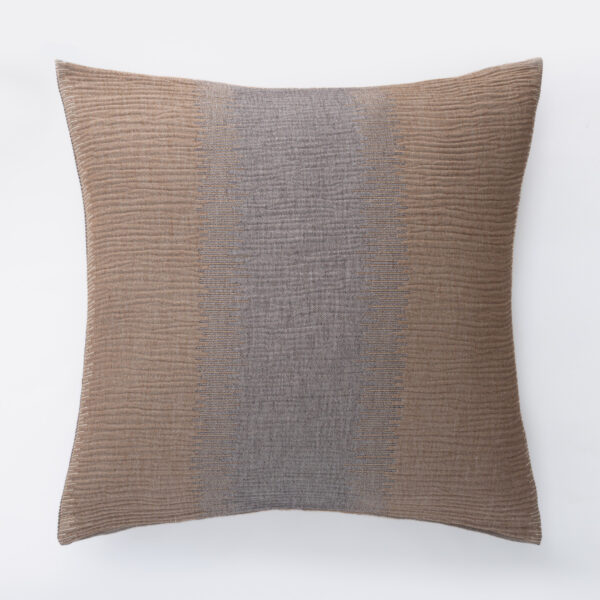 Brown corduroy style decorative pillow with a vertical gray patterned center against a white background