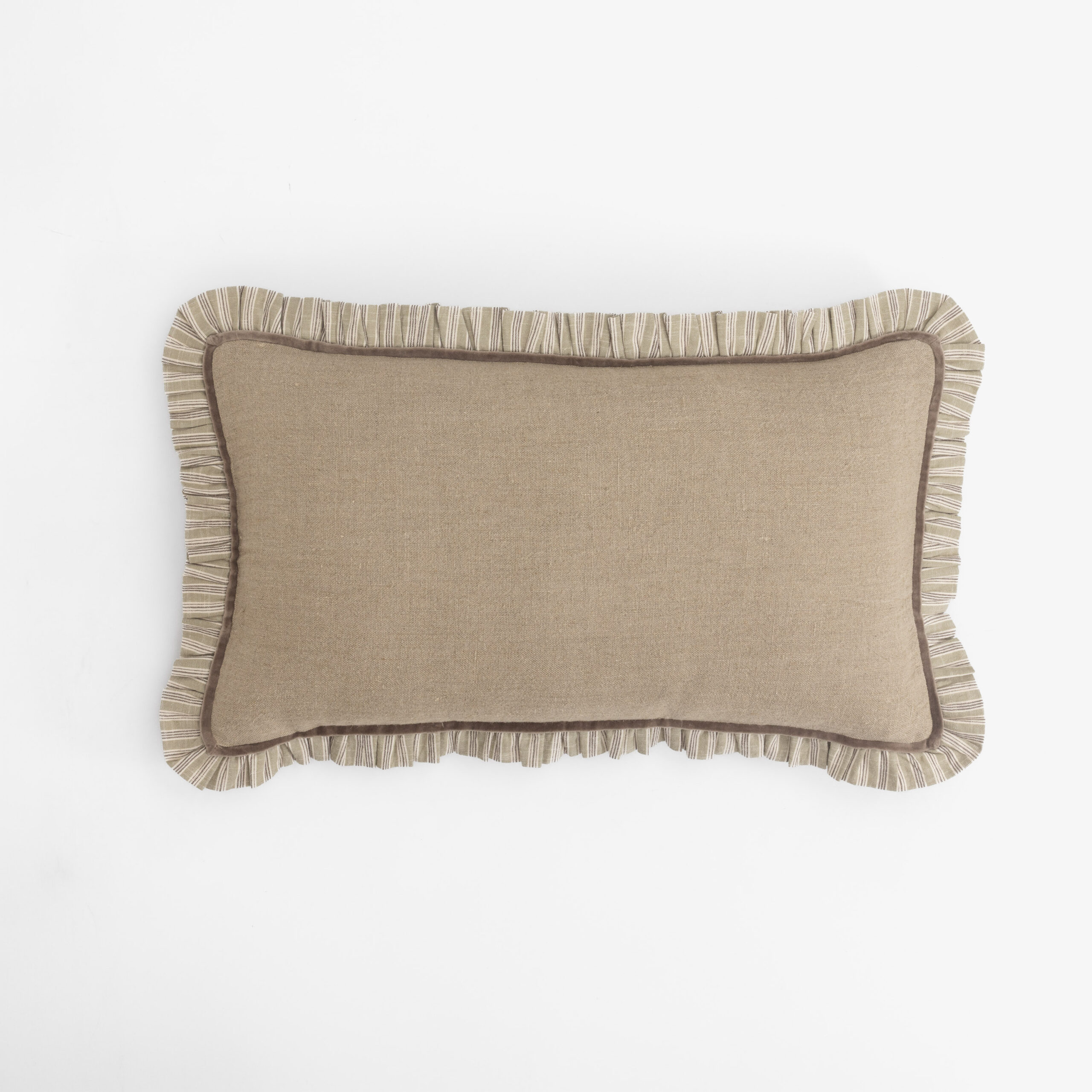 Cc1139llb4 | Amity Home Beige throw pillow with striped ruffle trim along the bottom edge on a white background