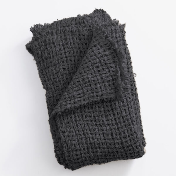 Close up of dark gray chunky knit fabric possibly a scarf against a white background