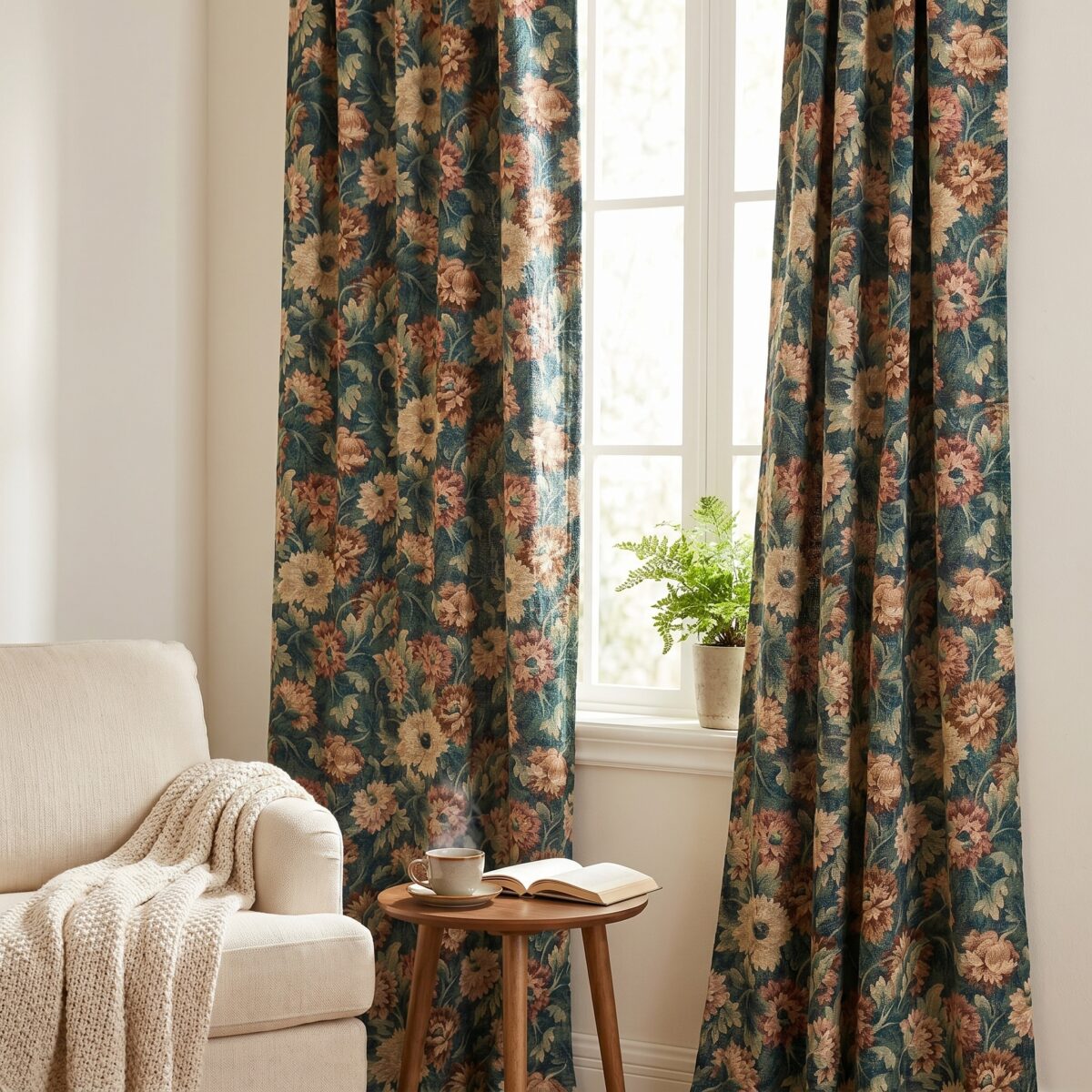 Sunlit living room corner with floral teal curtains a beige sofa and a small wooden table holding a book and cup by the window