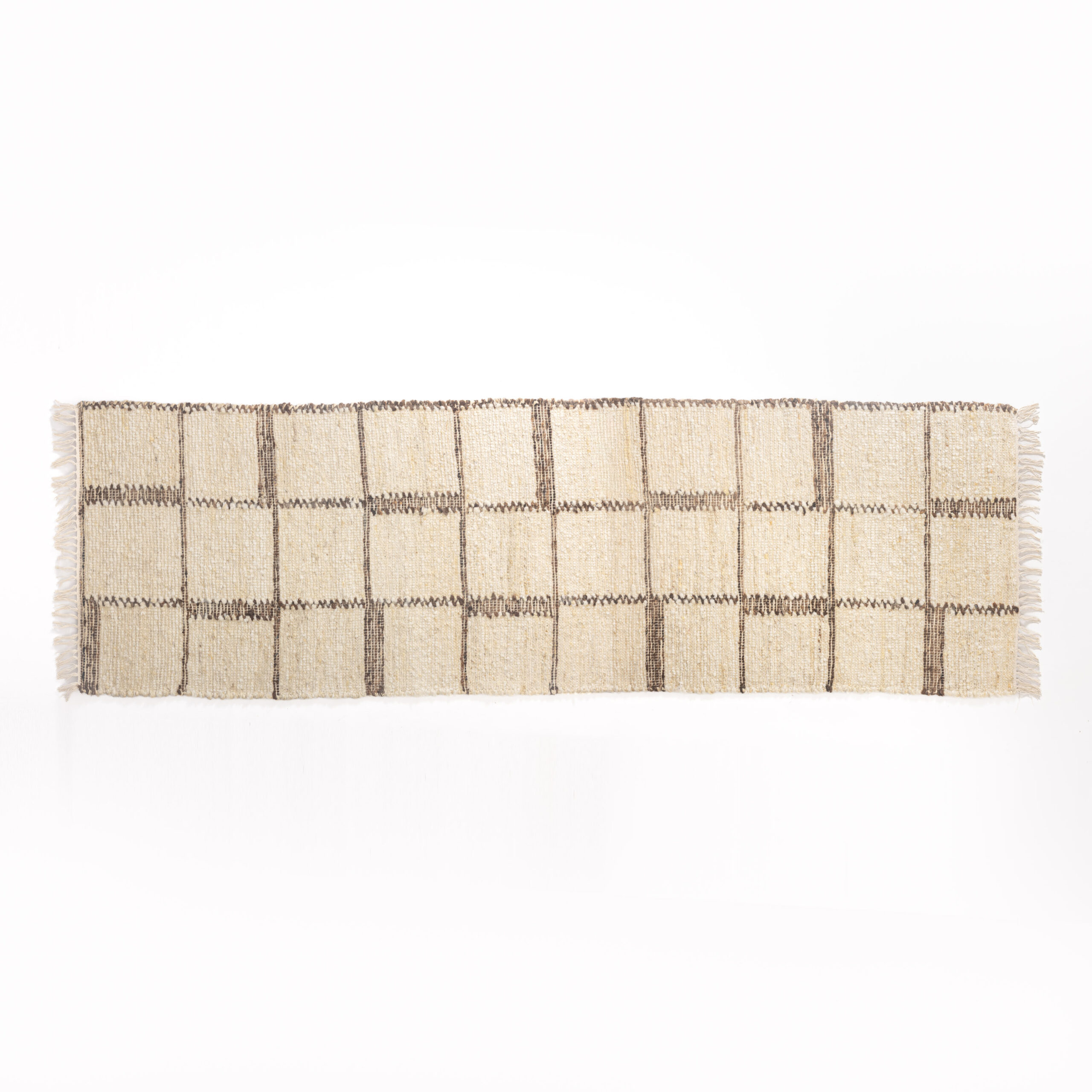 Rukc3010r8 19 | Amity Home Beige woven rug with dark brown vertical stripes laid on a white background fringed edges visible at sides