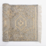 Gray woven rug with subtle cream decorative stitching and fringe along the right edge photographed flat