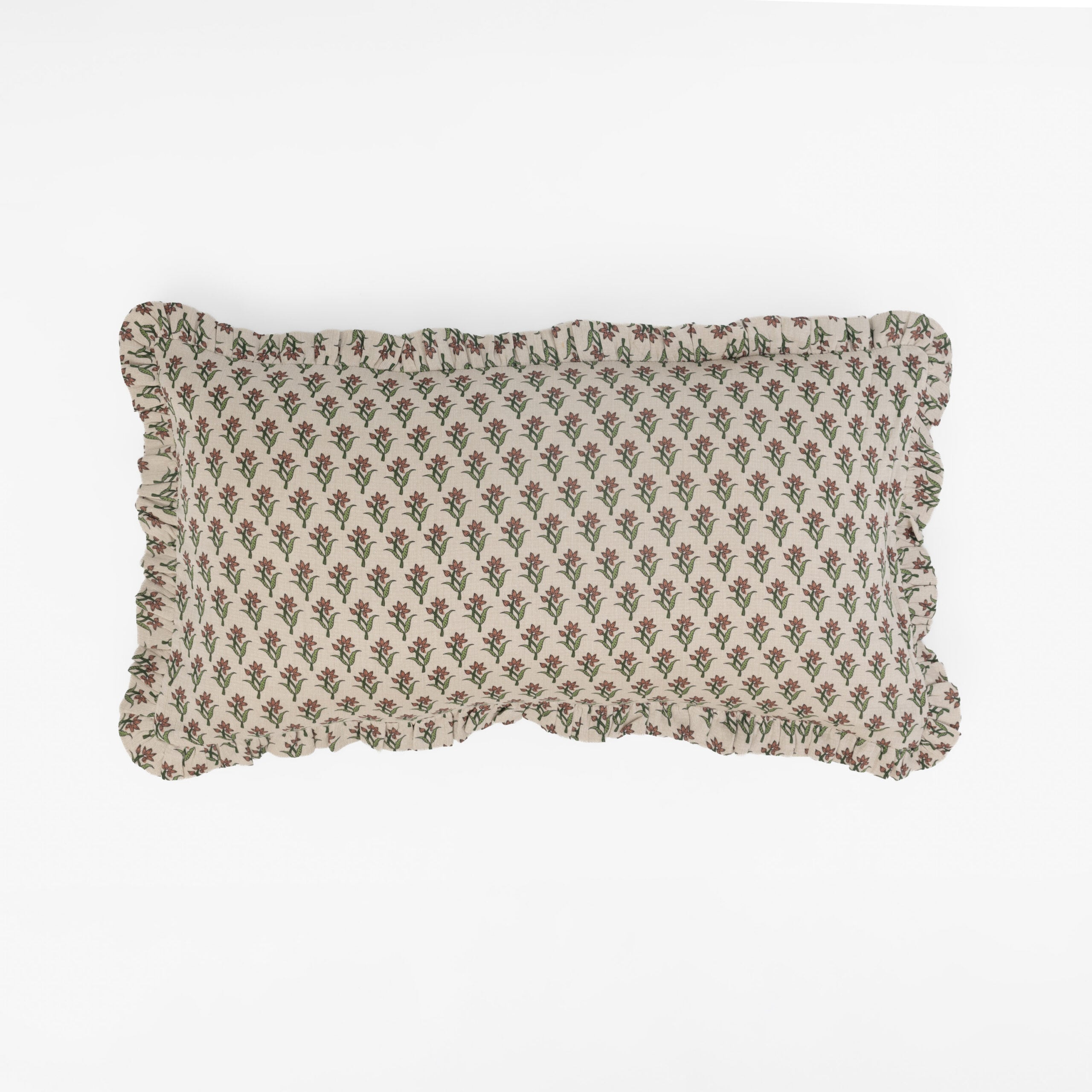 Cc1136lb1 | Amity Home Beige fabric with a repeating red flower and green stem pattern along the bottom edge set against a white background