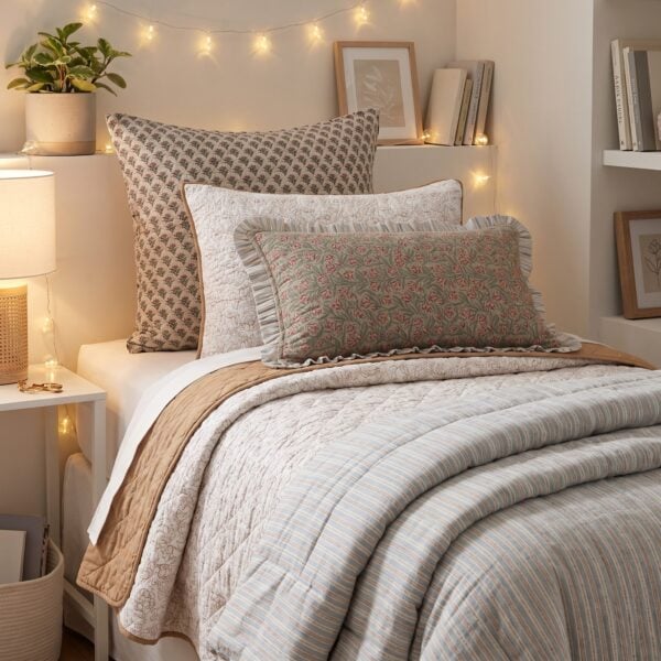 Cozy bed with patterned pillows and striped quilt string lights plant and books on a shelf in soft warm lighting