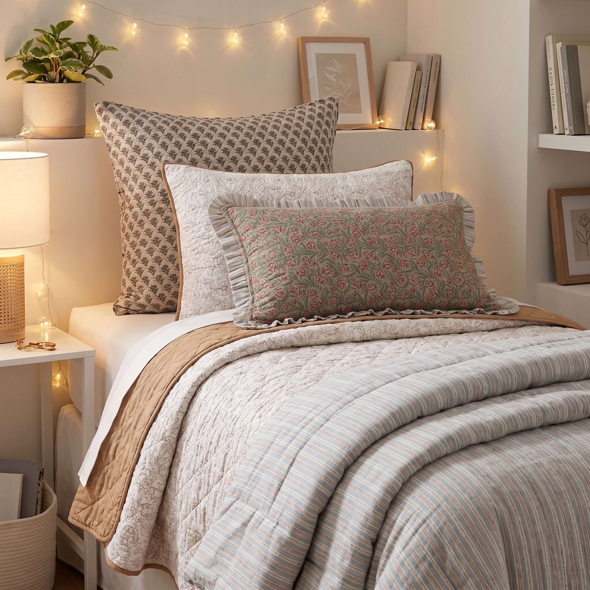 Cl192 | Amity Home Cozy bed with patterned pillows and striped quilt string lights plant and books on a shelf in soft warm lighting
