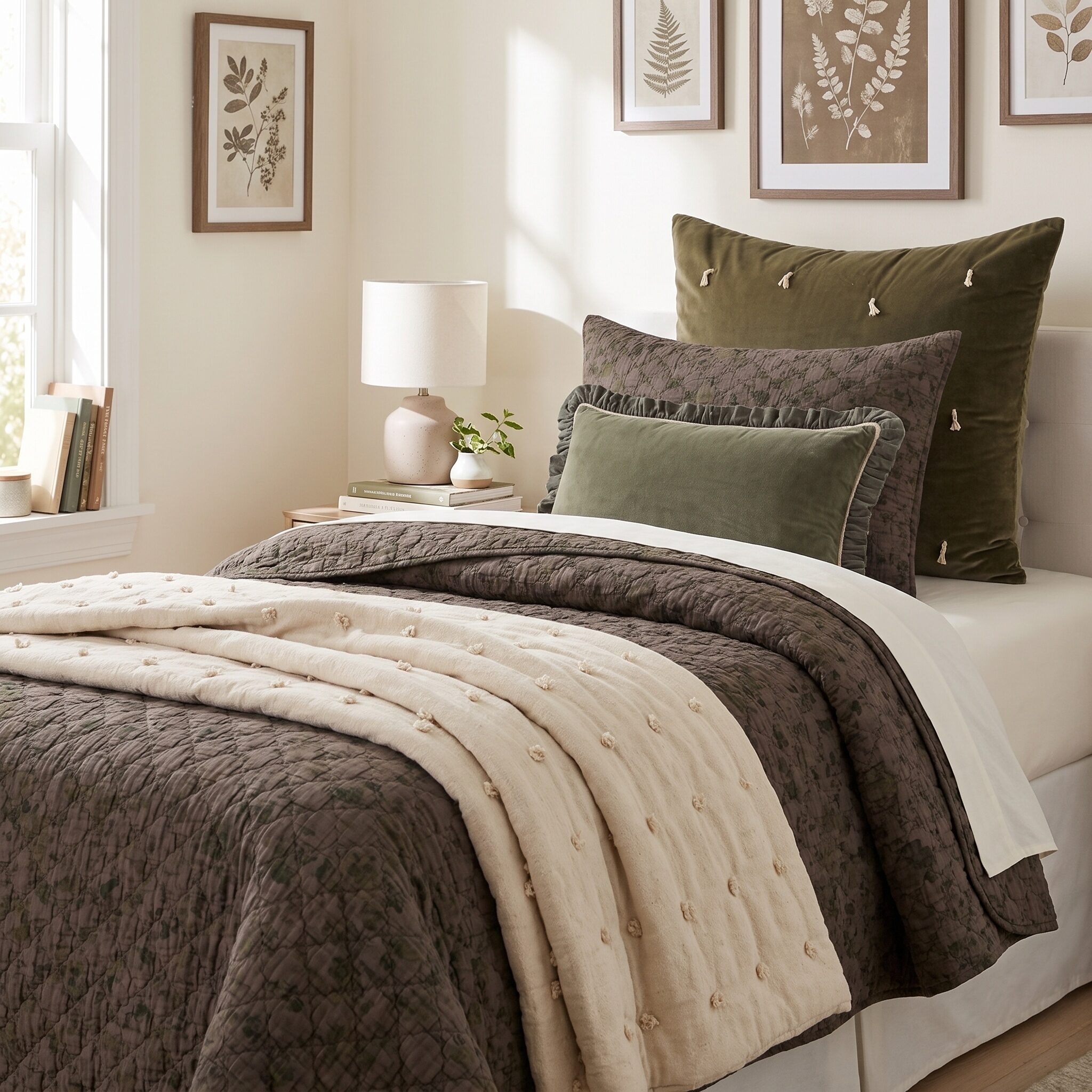 Cl194 | Amity Home Cozy bedroom with olive green and gray pillows a quilted brown bedspread and botanical prints on the wall above the bed