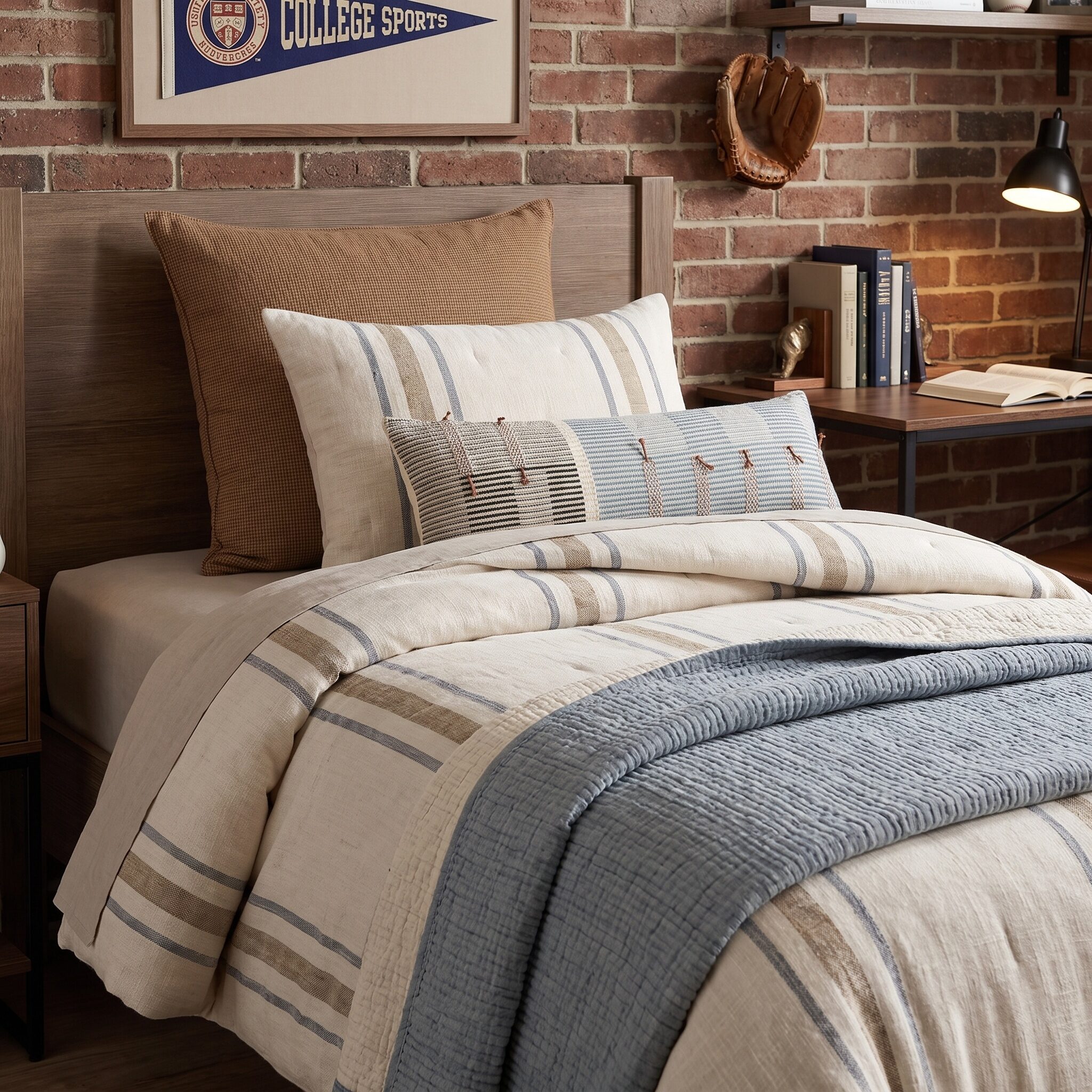 Cl195 | Amity Home Bed with striped beige and blue quilt and tan pillows against a brick wall near a wooden headboard and nightstand lamp