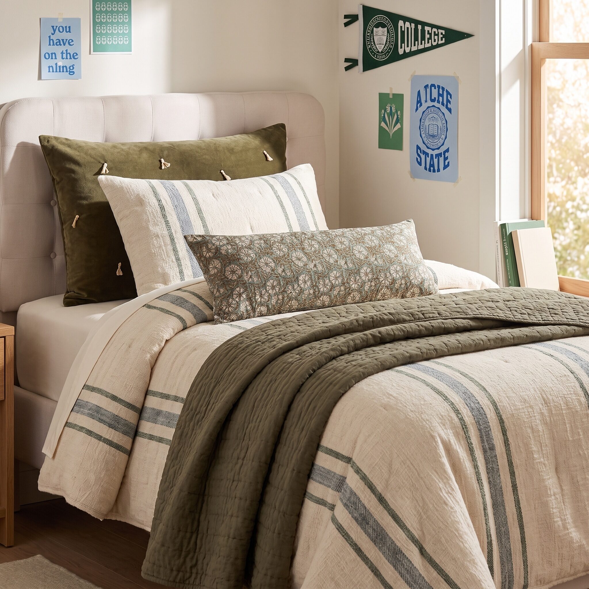 Cl196 | Amity Home Twin bed with cream headboard green velvet pillow striped bolster and university posters on the wall nearby