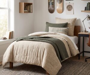 Bedroom with beige duvet green pillows wooden bed frame and a textured rug wall shelves hold books nearby