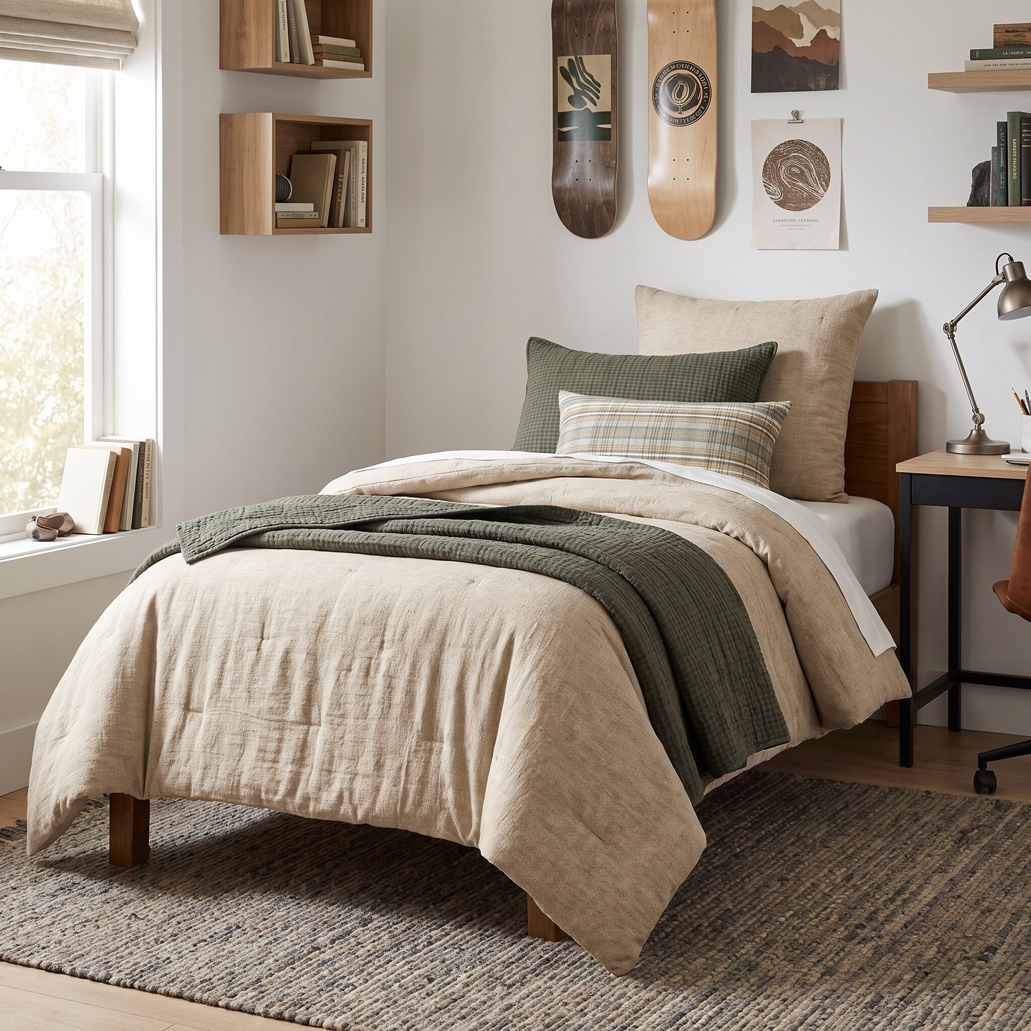 Cl197 | Amity Home Bedroom with beige duvet green pillows wooden bed frame and a textured rug wall shelves hold books nearby