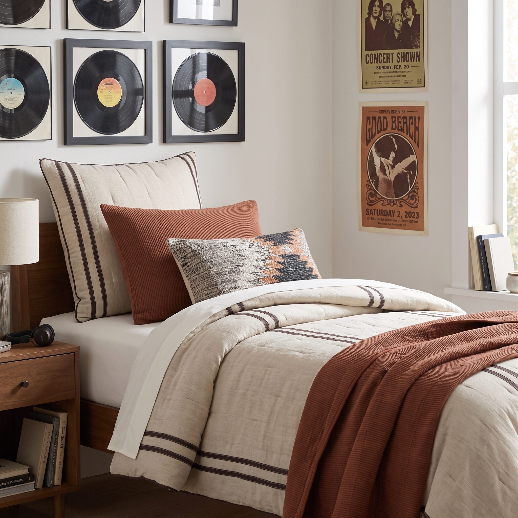 Cl198 | Amity Home Bedroom corner with a bed beige and rust bedding and a wall of framed vinyl records retro posters on the right wall