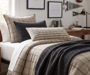 Bed with beige plaid duvet a black textured pillow and layered cream pillows in a cozy bedroom scene