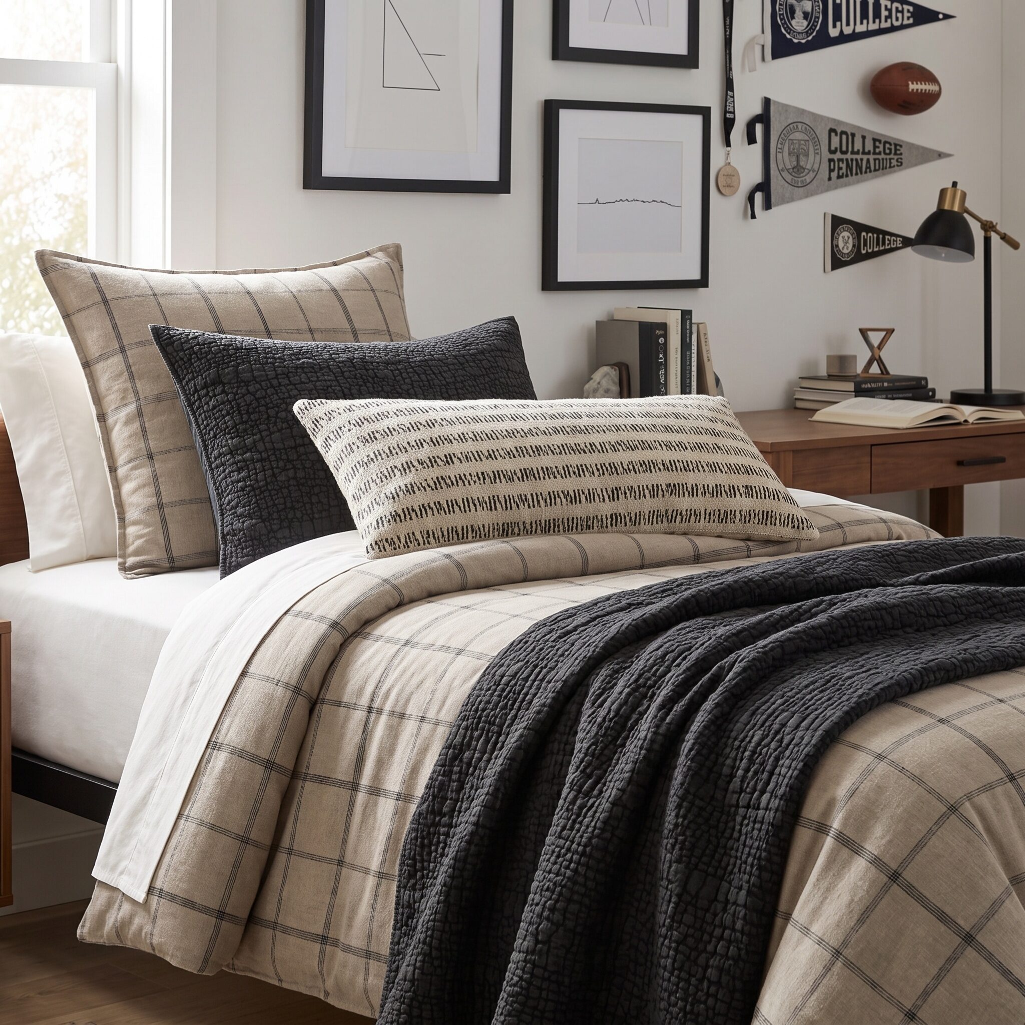 Cl199 | Amity Home Bed with beige plaid duvet a black textured pillow and layered cream pillows in a cozy bedroom scene