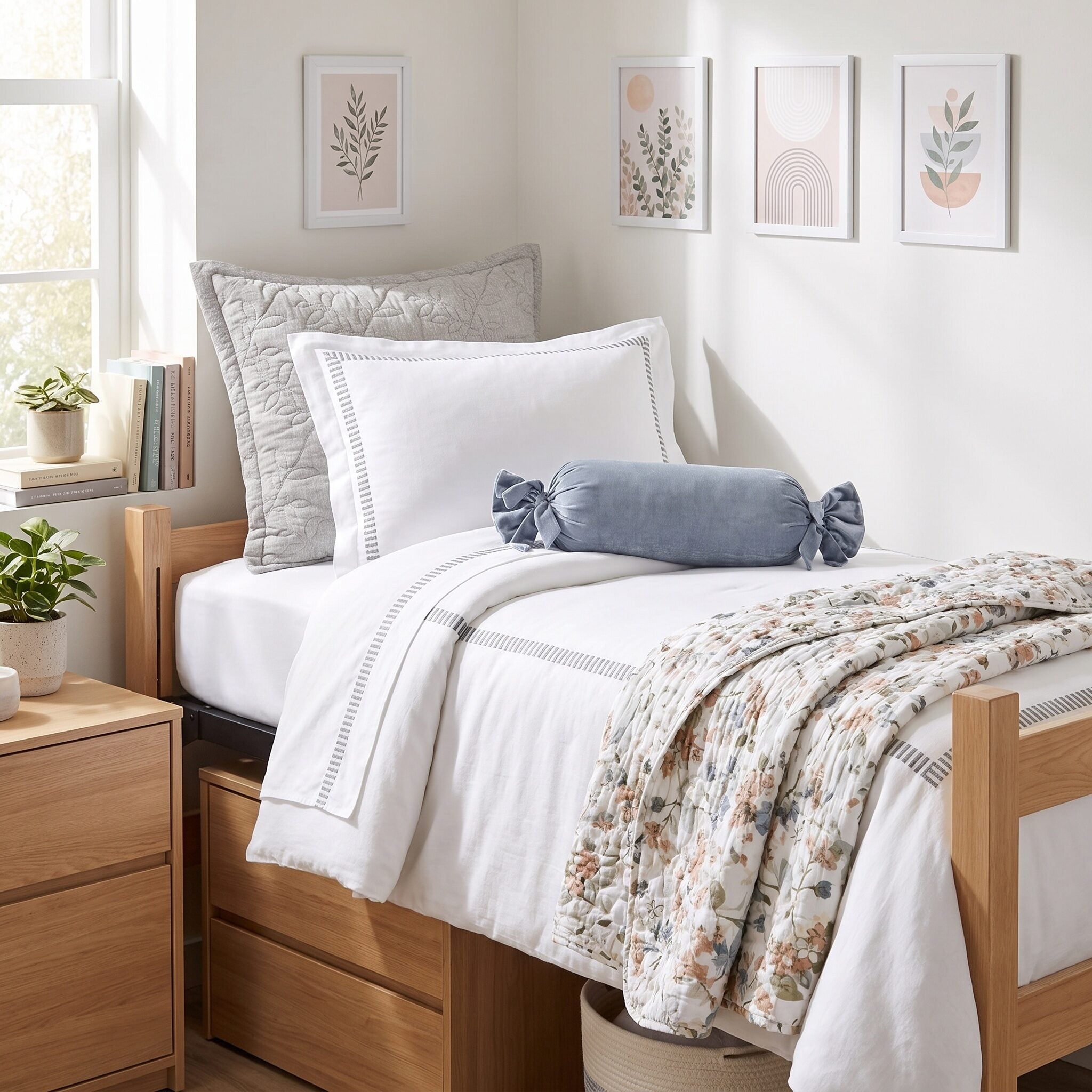 Cl200 | Amity Home Minimalist bedroom scene with white bedding a gray quilted pillow a blue bolster and light wood furniture framed botanical art on a pale wall