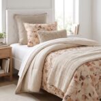 Cozy bedroom bed setup with a floral throw pillow and a textured beige cushion near a sunlit window