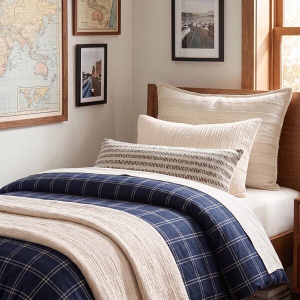 Bed with cream and striped pillows navy plaid bedding in a sunlit bedroom with map framed art on the wall