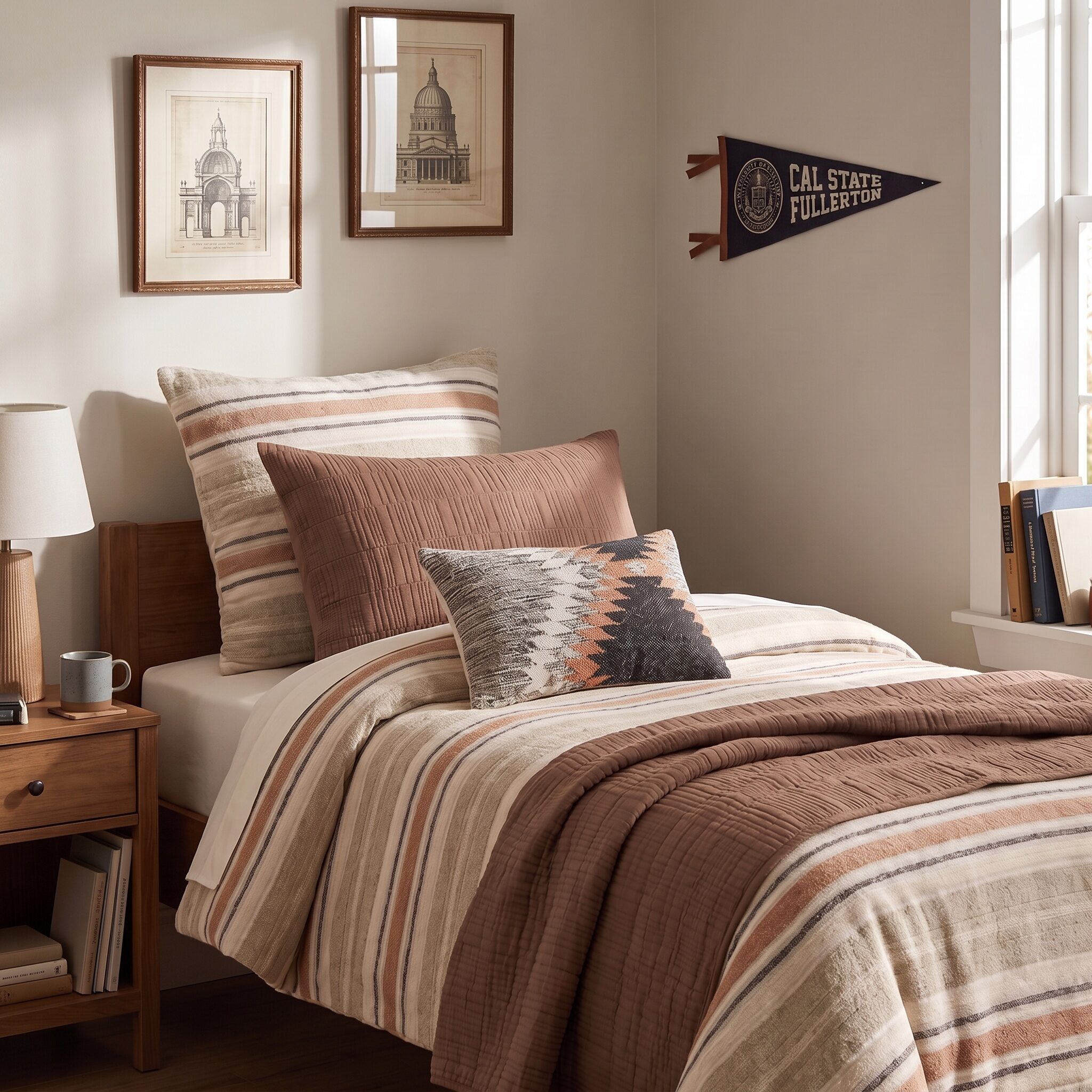 Cl203 | Amity Home A cozy bedroom corner with a bed striped beige and brown bedding and matching pillows