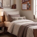 Cozy bedroom corner with a striped quilted bed two accent pillows a wooden nightstand and a corkboard on the wall with photos and notes