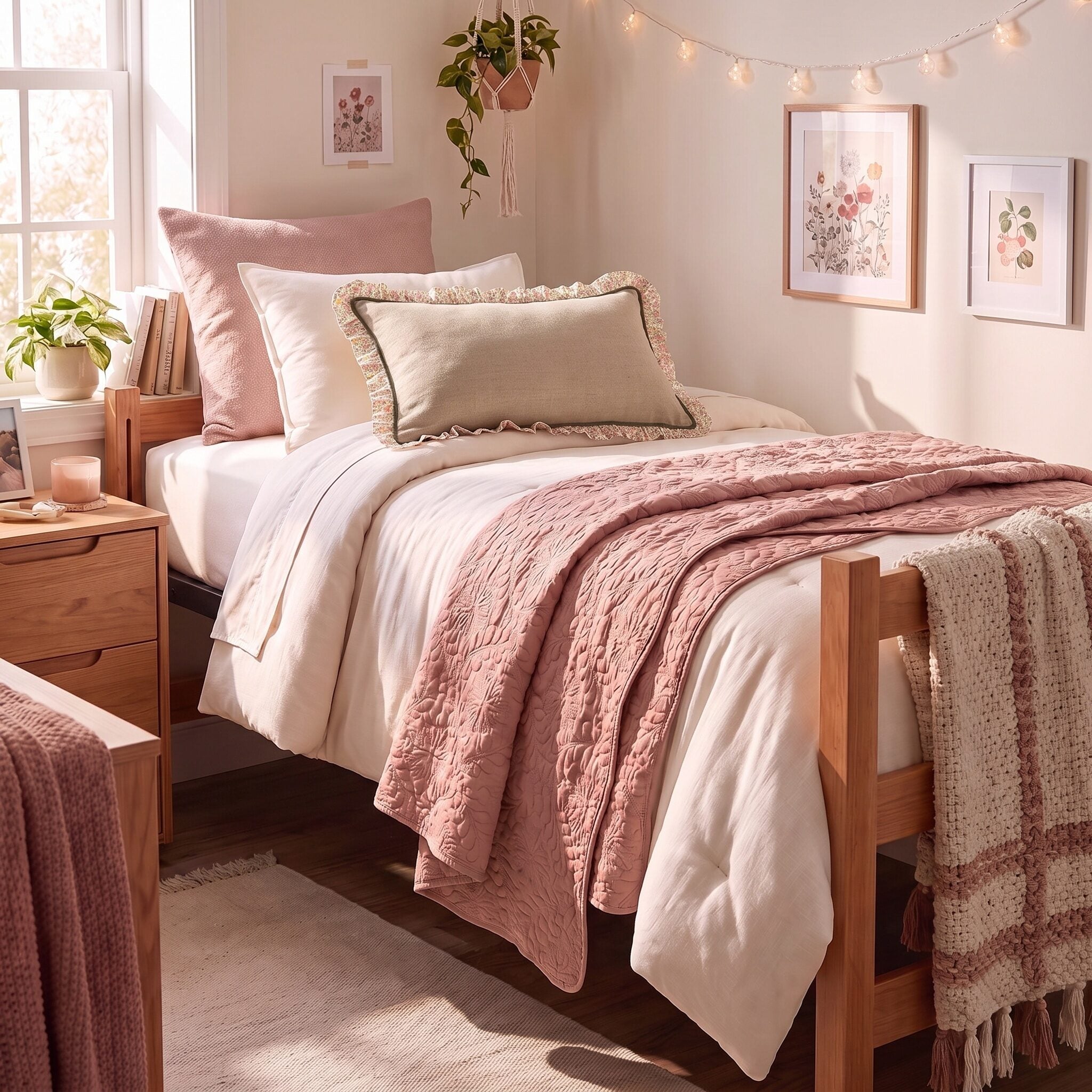 Rukc3012xlb10 1 | Amity Home Cozy pink themed bedroom with two single beds pink quilts and string lights above