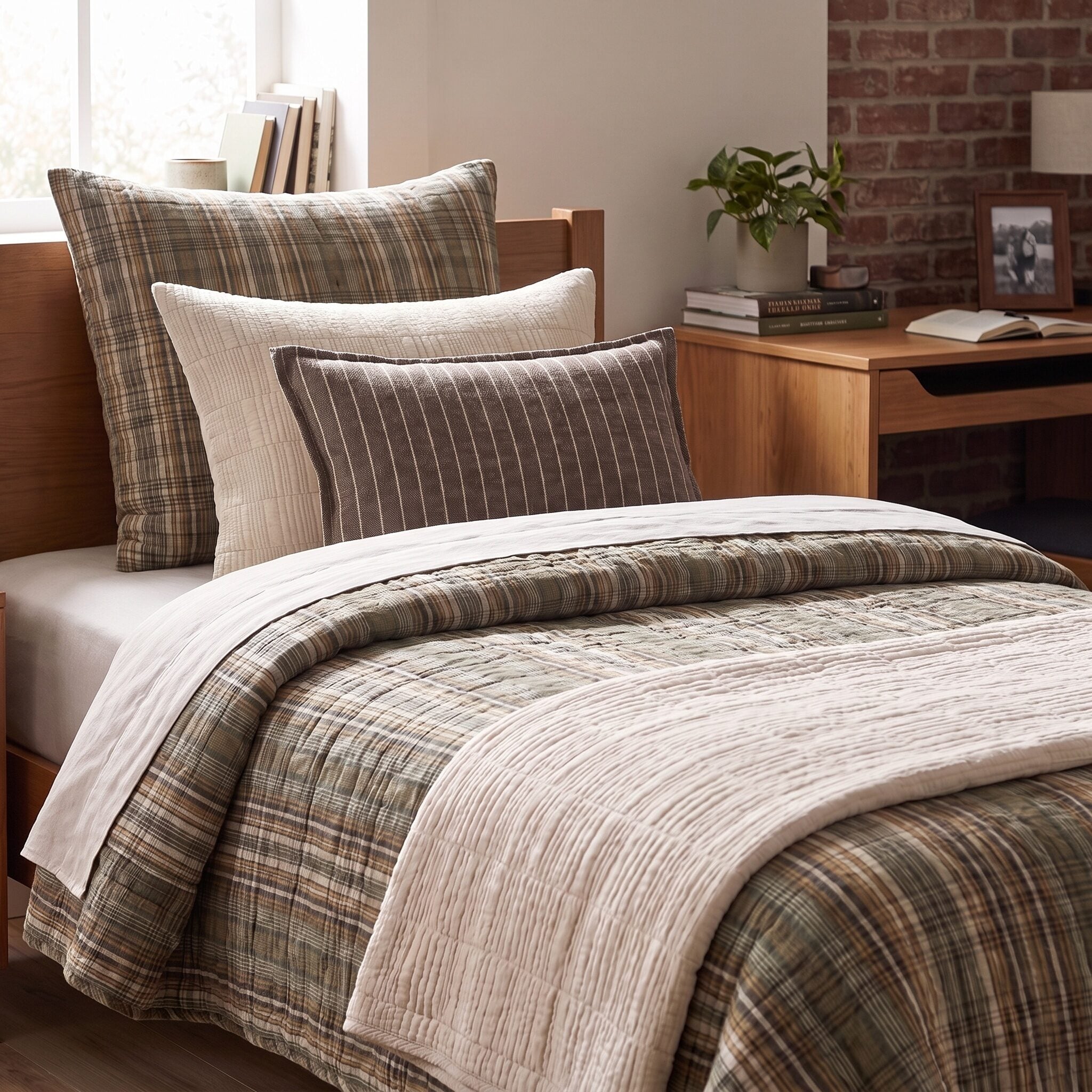 Rukc3012xlb10 2 | Amity Home Cozy bedroom corner with a bed covered in plaid beige and gray bedding and pillows a wooden desk plant and brick wall in the background