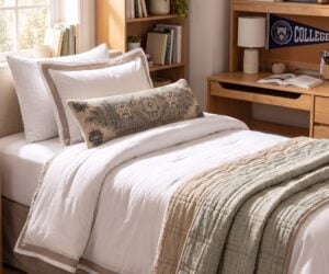 Cozy bedroom scene with a made bed white pillows and a beige quilt beside a wooden bookcase filled with books and plants