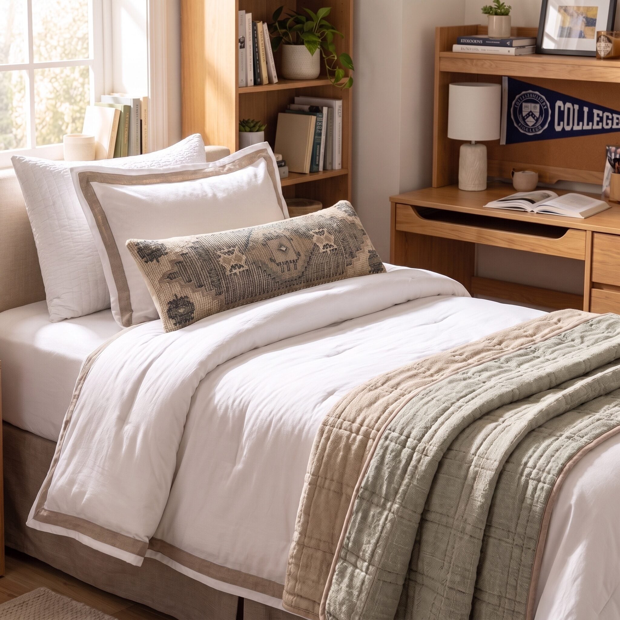 Rukc3012xlb10 | Amity Home Cozy bedroom scene with a made bed white pillows and a beige quilt beside a wooden bookcase filled with books and plants