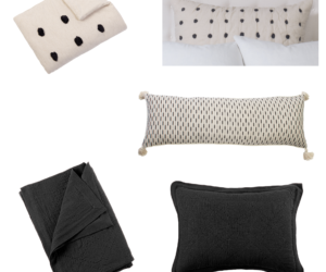 Collection of decorative cushions beige polka dot white polka dot tassel edged striped pillow and two black textured pillows on white background