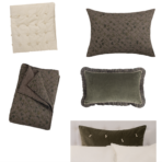 Assorted decorative throw pillows in earthy tones with tufted and floral patterns on a white background arranged in a collage