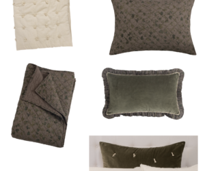 Assorted decorative throw pillows in earthy tones with tufted and floral patterns on a white background arranged in a collage