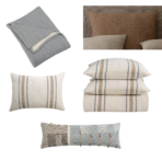 Collage of decorative throw pillows in neutral blues beiges and browns with varying striped and textured fabrics plus a folded knit blanket