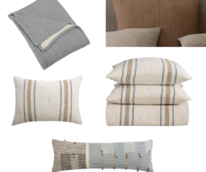 Collage of decorative throw pillows in neutral blues beiges and browns with varying striped and textured fabrics plus a folded knit blanket