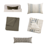 Group of neutral toned throw pillows and blankets in olive beige and striped patterns on a white background It shows multiple pillows and folded blankets as a home décor set