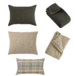 Five neutral tone decorative throw pillows with varying textures woven quilted plaid displayed on a white background