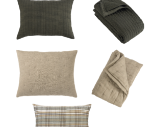 Five neutral tone decorative throw pillows with varying textures woven quilted plaid displayed on a white background