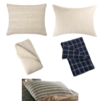 Assorted throw pillows in beige tones with different textures and a navy plaid cushion on a white background