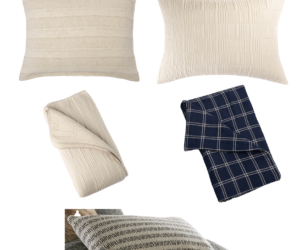 Assorted throw pillows in beige tones with different textures and a navy plaid cushion on a white background