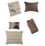 Set of decorative throw pillows several neutral striped and solid brown cushions on a white background showcasing textures and patterns