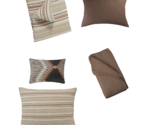 Set of decorative throw pillows several neutral striped and solid brown cushions on a white background showcasing textures and patterns