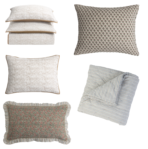 Decorative throw pillows in cream floral patterns and blue striped fabric arranged in a collage on a white background