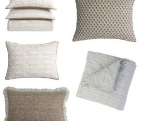 Decorative throw pillows in cream floral patterns and blue striped fabric arranged in a collage on a white background