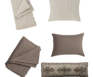 Decorative assortment of beige and taupe striped and quilted throw pillows arranged on a white background