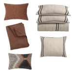 Collage of decorative throw pillows in earthy tones brown textured square beige striped pillows and a rust brown solid cushion with a woven pattern