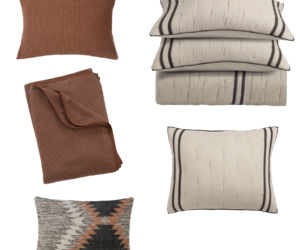 Collage of decorative throw pillows in earthy tones brown textured square beige striped pillows and a rust brown solid cushion with a woven pattern