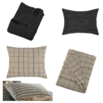 Assorted home textiles on a white background black quilted blanket black textured cushion and beige plaid pillows and blankets folded nearby