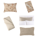 Beige floral patterned throw pillow with cream knitted cushions on a white background