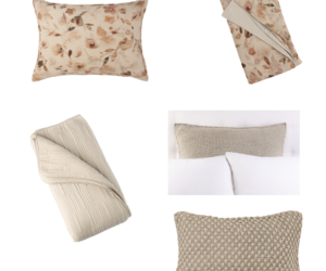 Beige floral patterned throw pillow with cream knitted cushions on a white background