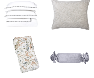 Group of decorative pillows white striped pillow stack a beige quilted cushion a floral throw blanket and a gray knotted pillow on a white background