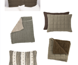 Assorted rectangular throw pillows in earthy browns beiges and taupe with quilted stitching and soft textures against a white backdrop
